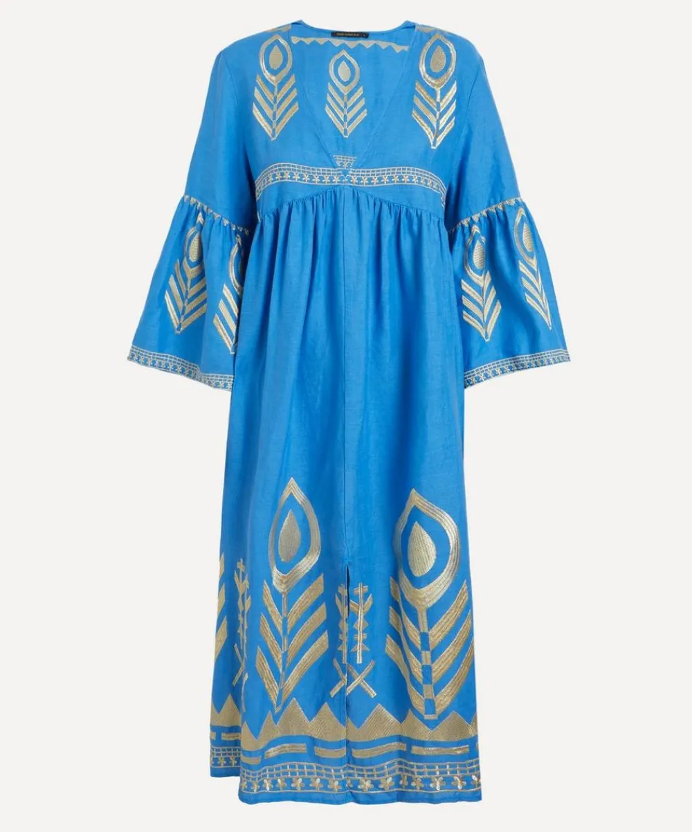 Kori Dresses^Blue-Gold Feather Linen Midi Dress