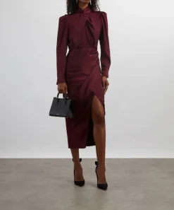 Self-Portrait Dresses^Burgundy Satin Midi Dress