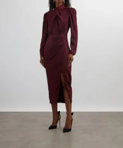 Self-Portrait Dresses^Burgundy Satin Midi Dress