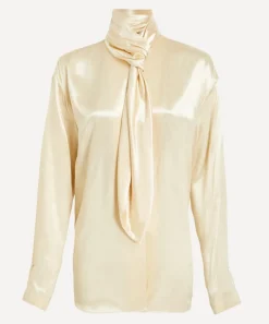Alberta Ferretti Tops^Cream Yellow Glossy Satin Shirt with Knot Tie