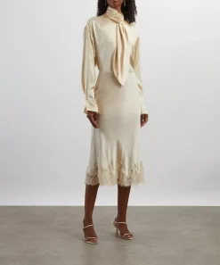 Alberta Ferretti Tops^Cream Yellow Glossy Satin Shirt with Knot Tie