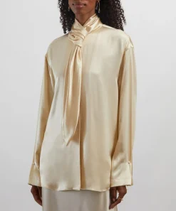 Alberta Ferretti Tops^Cream Yellow Glossy Satin Shirt with Knot Tie