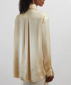 Alberta Ferretti Tops^Cream Yellow Glossy Satin Shirt with Knot Tie