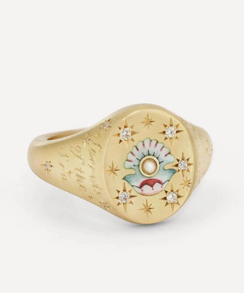 Cece Jewellery Rings^18ct Gold Clam and Pearl Signet Ring