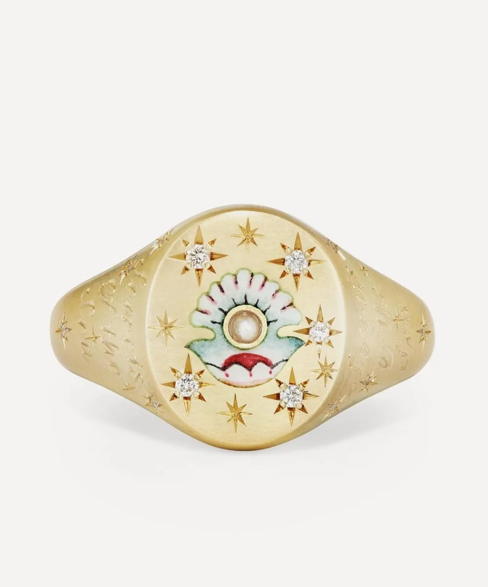 Cece Jewellery Rings^18ct Gold Clam and Pearl Signet Ring