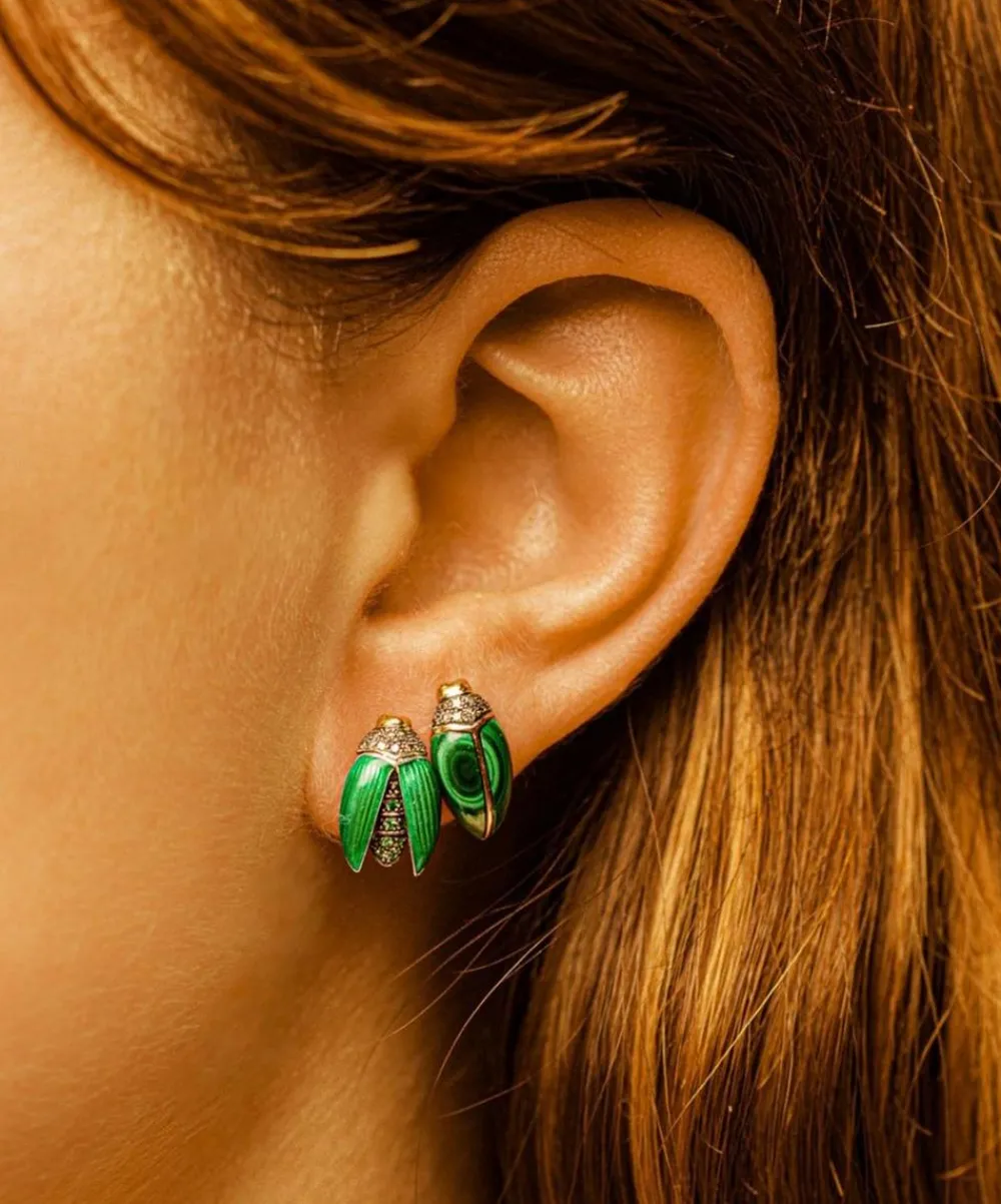 Bibi van der Velden Earrings|Earrings^18ct Gold Mini Scarab Green Enamel Fly Wing Stud Earring