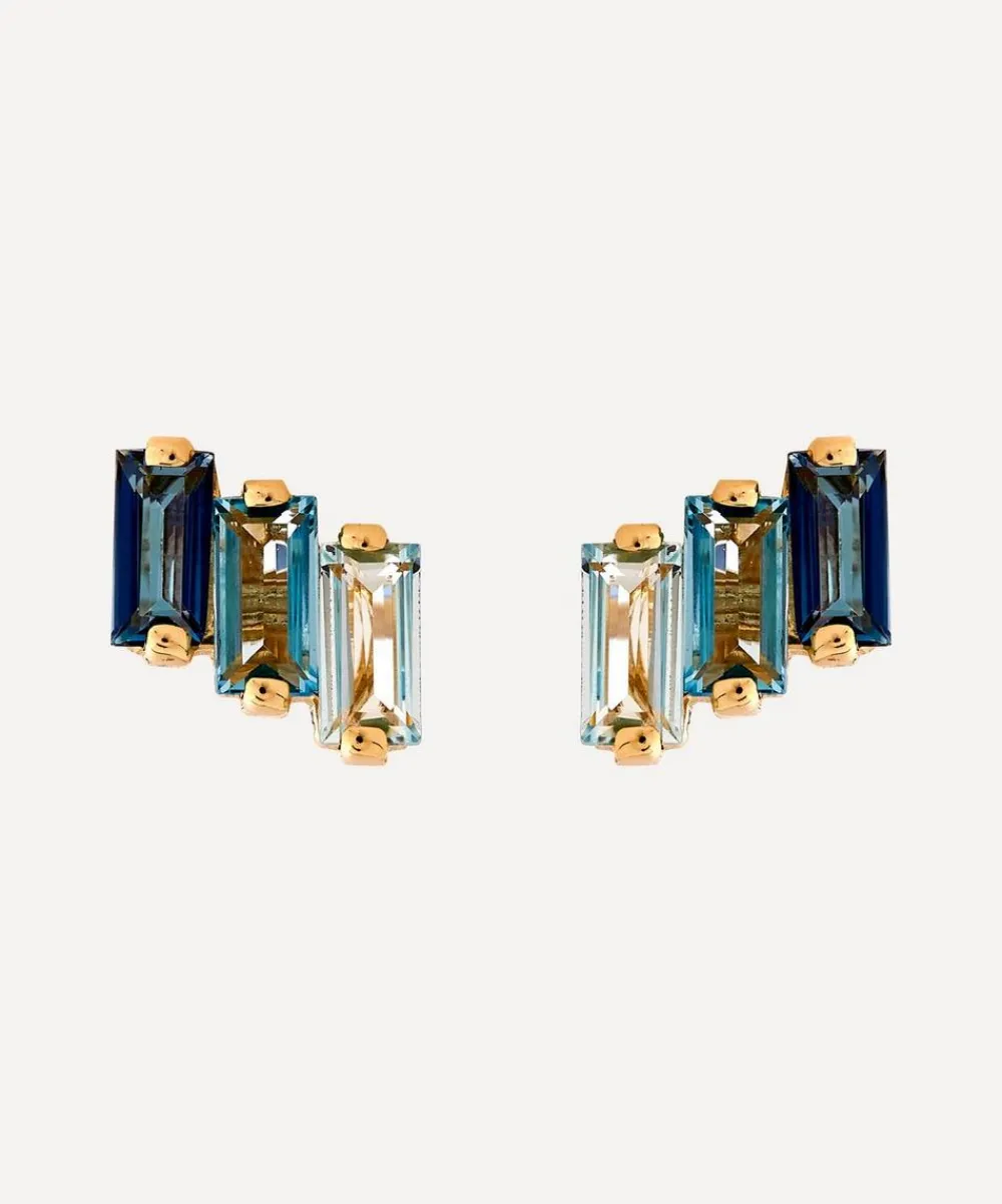 Suzanne Kalan Earrings|Earrings^14ct Gold Multi Blue Topaz Three Baguette Stud Earrings