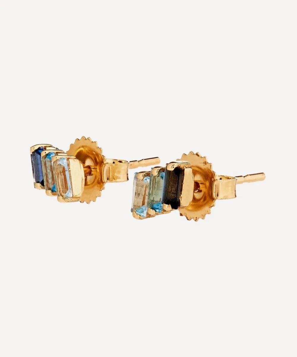Suzanne Kalan Earrings|Earrings^14ct Gold Multi Blue Topaz Three Baguette Stud Earrings