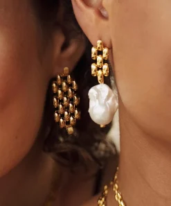Monica Vinader Earrings^18ct Gold Plated Vermeil Silver Baroque Pearl Chain Drop Earrings