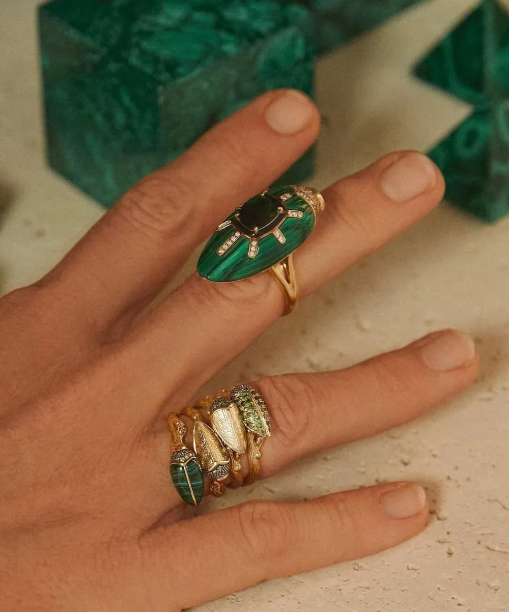 Bibi van der Velden Rings|Rings^18ct Gold Scarab Malachite and Green Tourmaline Ring