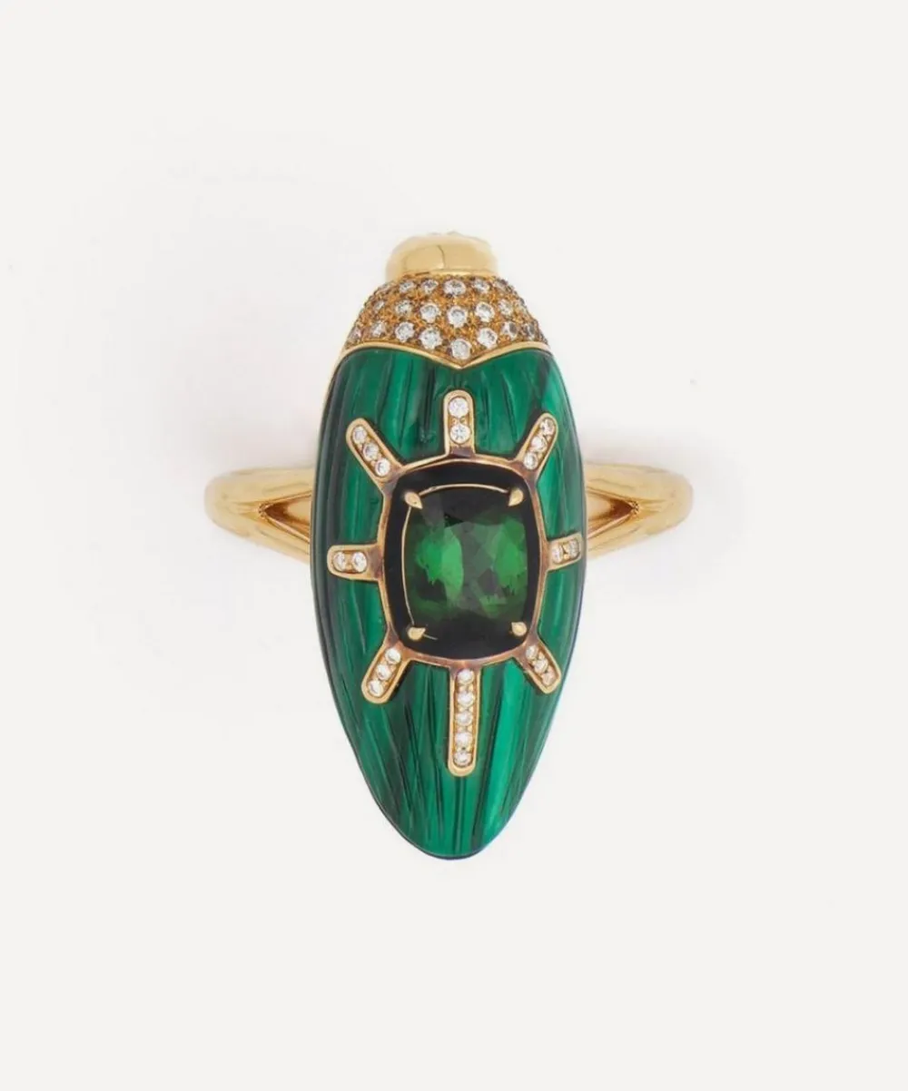 Bibi van der Velden Rings|Rings^18ct Gold Scarab Malachite and Green Tourmaline Ring