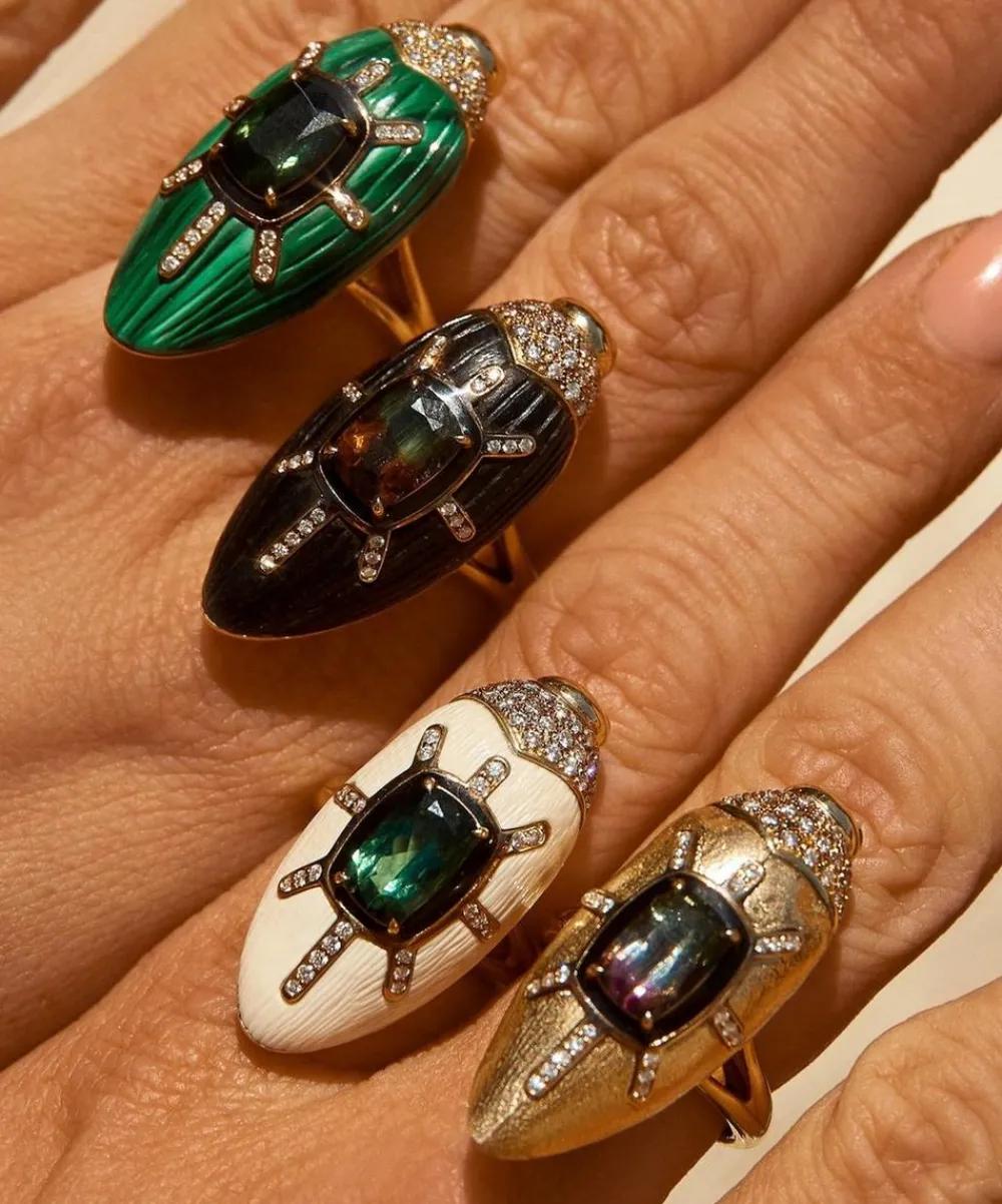 Bibi van der Velden Rings|Rings^18ct Gold Scarab Mammoth and Green Tourmaline Ring