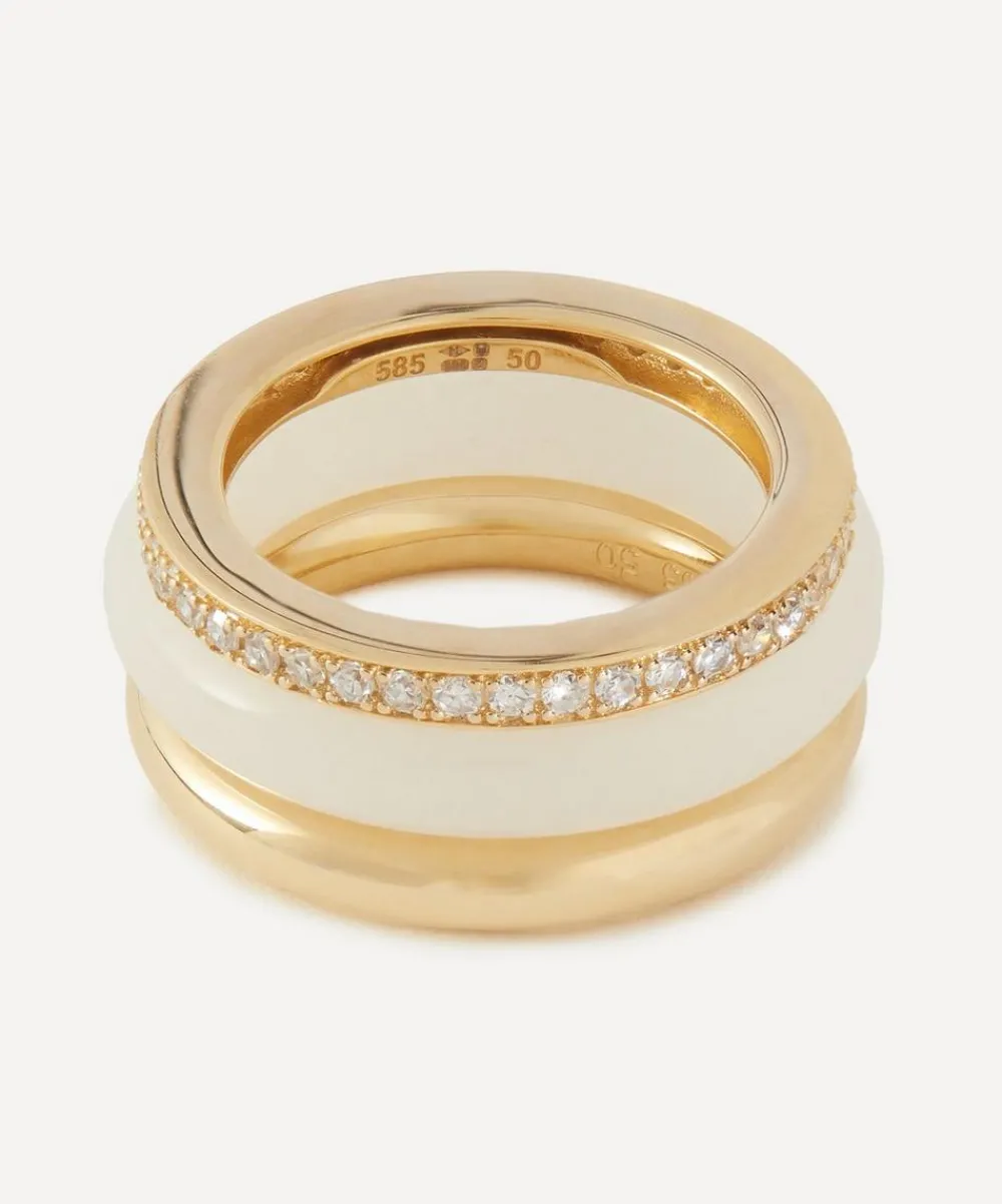 By Pariah Rings|Rings^14ct Gold Slim Classic Trilogy Stack White Jasper Ring