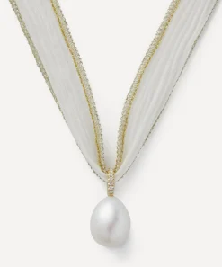 Mizuki Necklaces^14ct Gold White Silk and Diamond Pearl Necklace