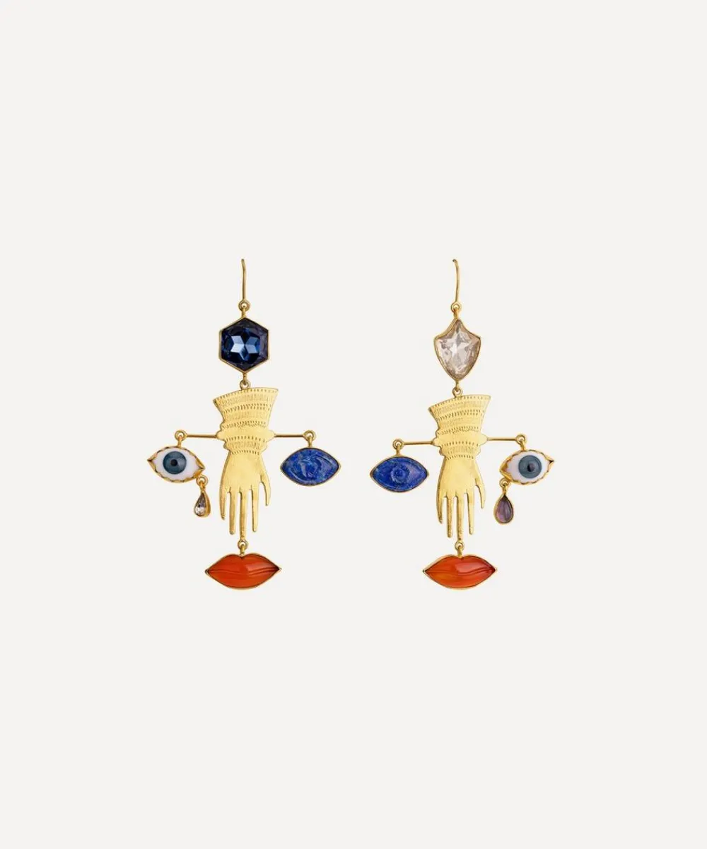 Grainne Morton Earrings^18ct Gold-Plated Glove and Face Charm Drop Earrings