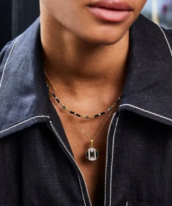Laura Vann Necklaces^18ct Gold-Plated Marlowe Black Enamel and Green Stone Necklace