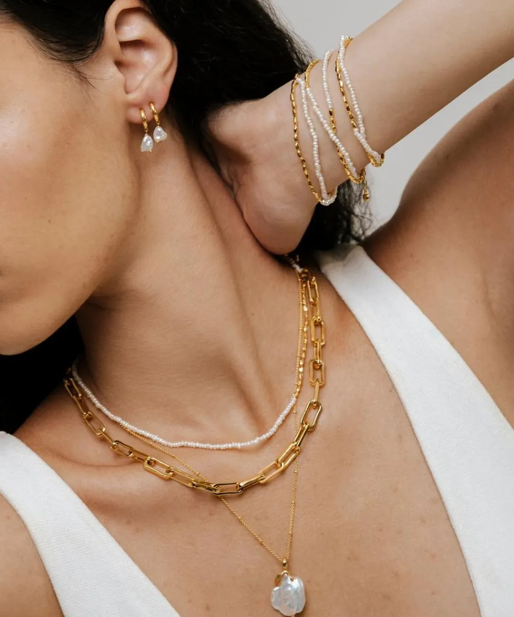 Monica Vinader Earrings^18ct Gold-Plated Vermeil Silver Nura Keshi Pearl Huggie Hoop Earrings