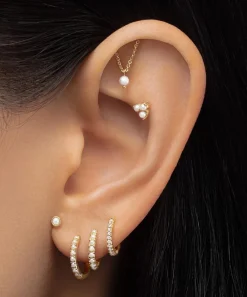 Maria Tash Earrings|Earrings^14ct 8mm Pearl and Diamond Double Linked Eternity Hoop Earring Left