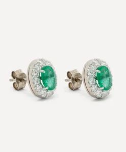 Kojis Earrings|Earrings^18ct White Gold Emerald and Diamond Halo Cluster Stud Earrings