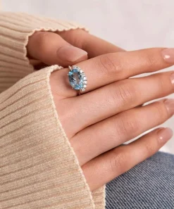 Dinny Hall Rings^9ct White Gold Sky Blue Topaz and Created Diamond Ring