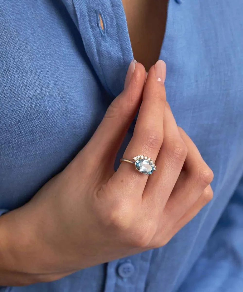 Dinny Hall Rings^9ct White Gold Sky Blue Topaz and Created Diamond Ring
