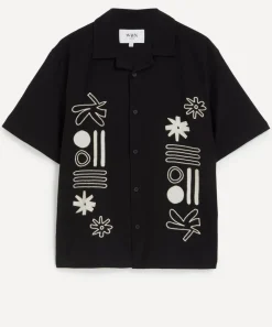 Wax London Shirts^Didcot Black and Ecru Abstract Applique Short-Sleeve Shirt