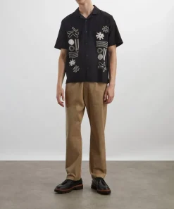 Wax London Shirts^Didcot Black and Ecru Abstract Applique Short-Sleeve Shirt
