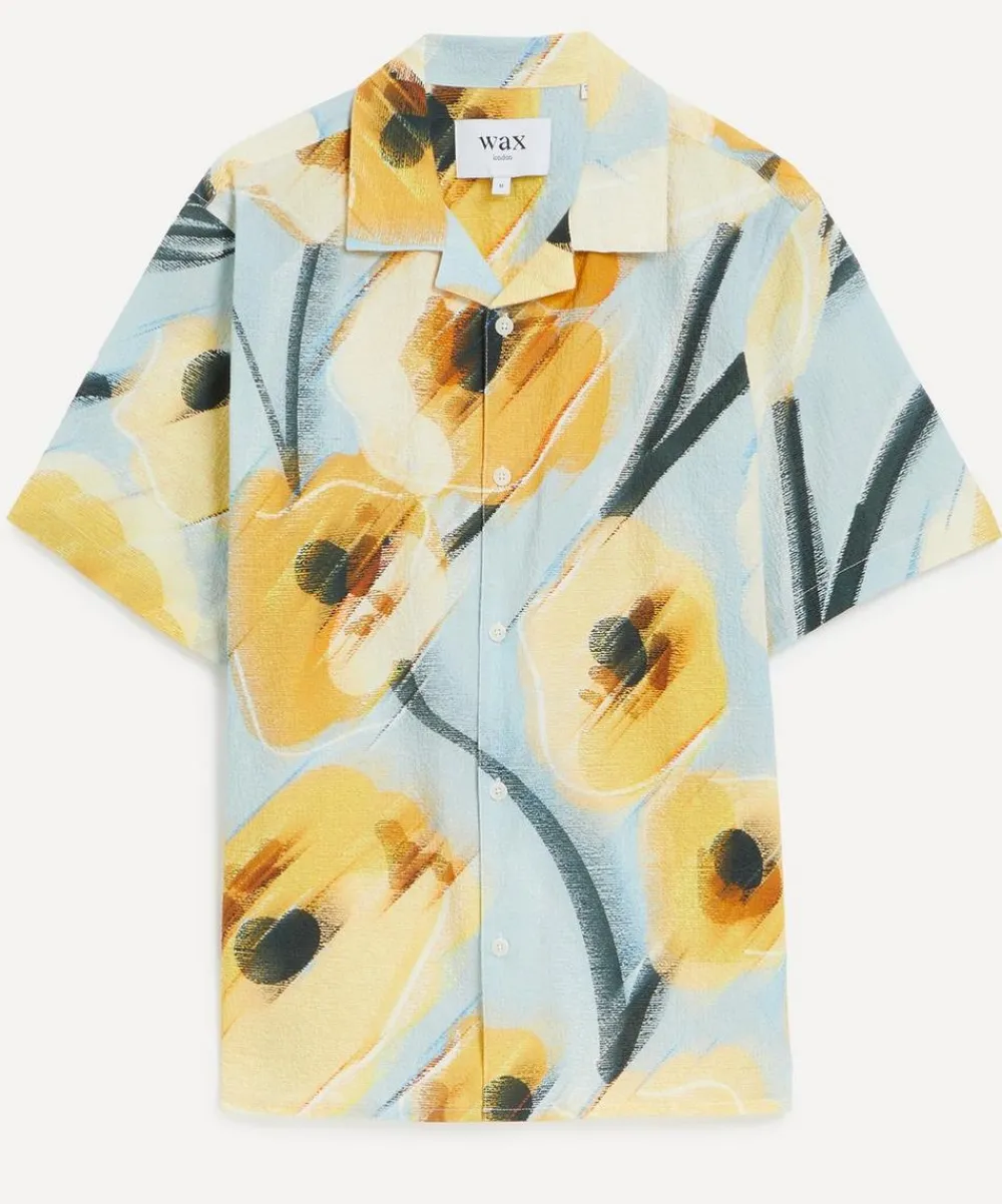 Wax London Shirts^Didcot Blue and Yellow Abstract Poppy Short-Sleeve Shirt