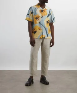 Wax London Shirts^Didcot Blue and Yellow Abstract Poppy Short-Sleeve Shirt