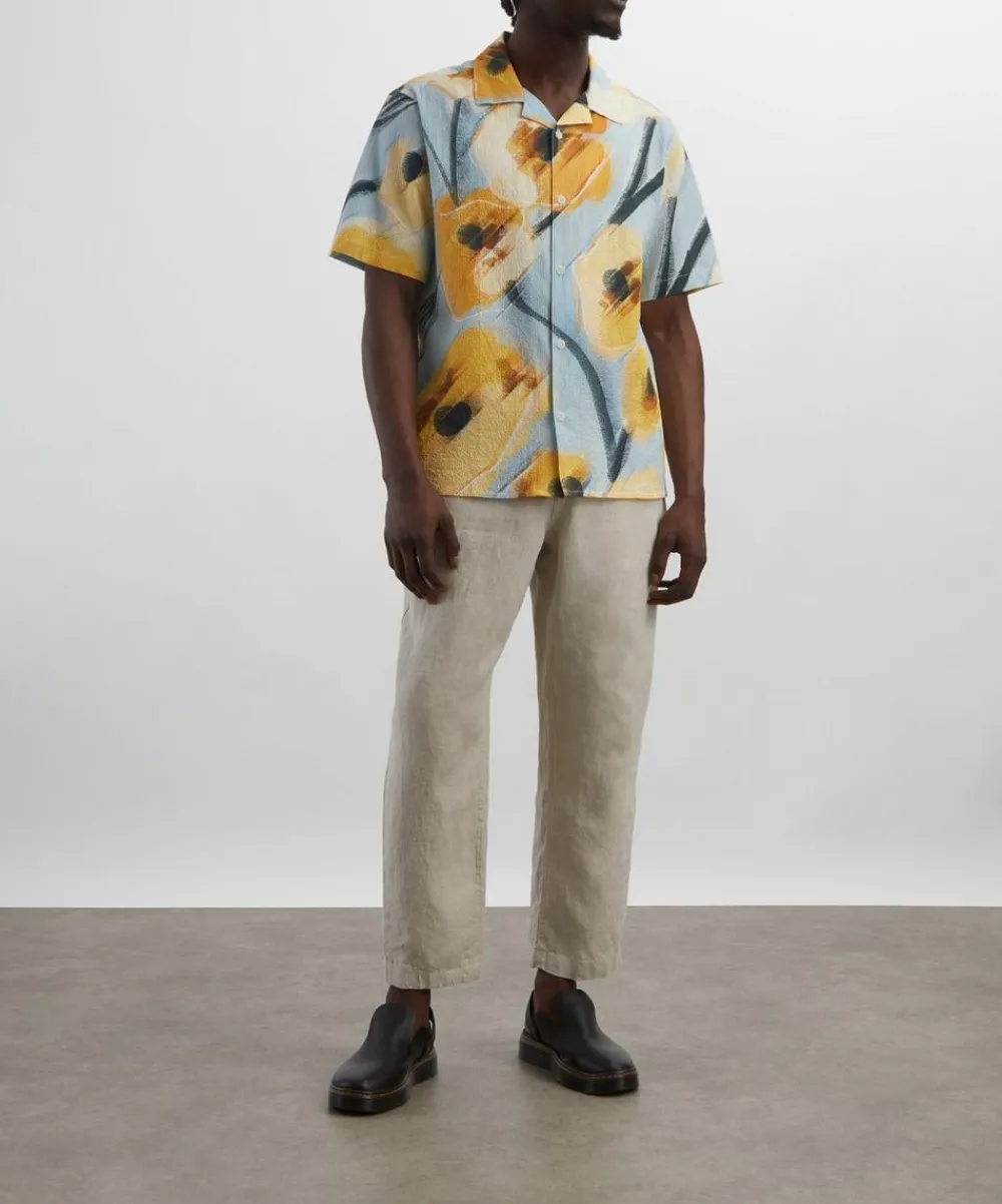 Wax London Shirts^Didcot Blue and Yellow Abstract Poppy Short-Sleeve Shirt