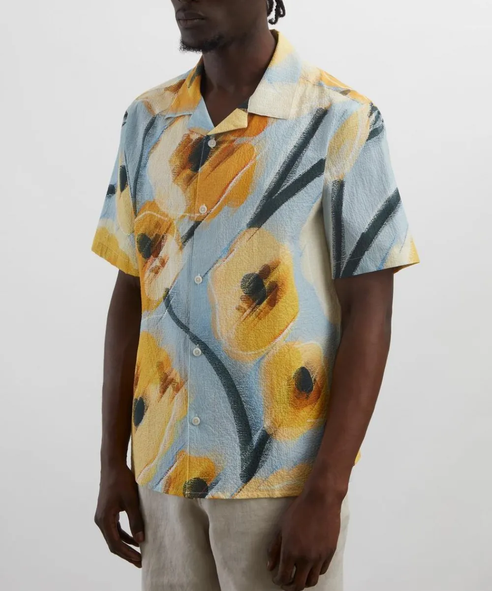 Wax London Shirts^Didcot Blue and Yellow Abstract Poppy Short-Sleeve Shirt
