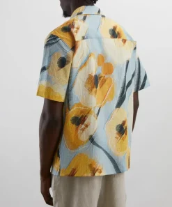 Wax London Shirts^Didcot Blue and Yellow Abstract Poppy Short-Sleeve Shirt