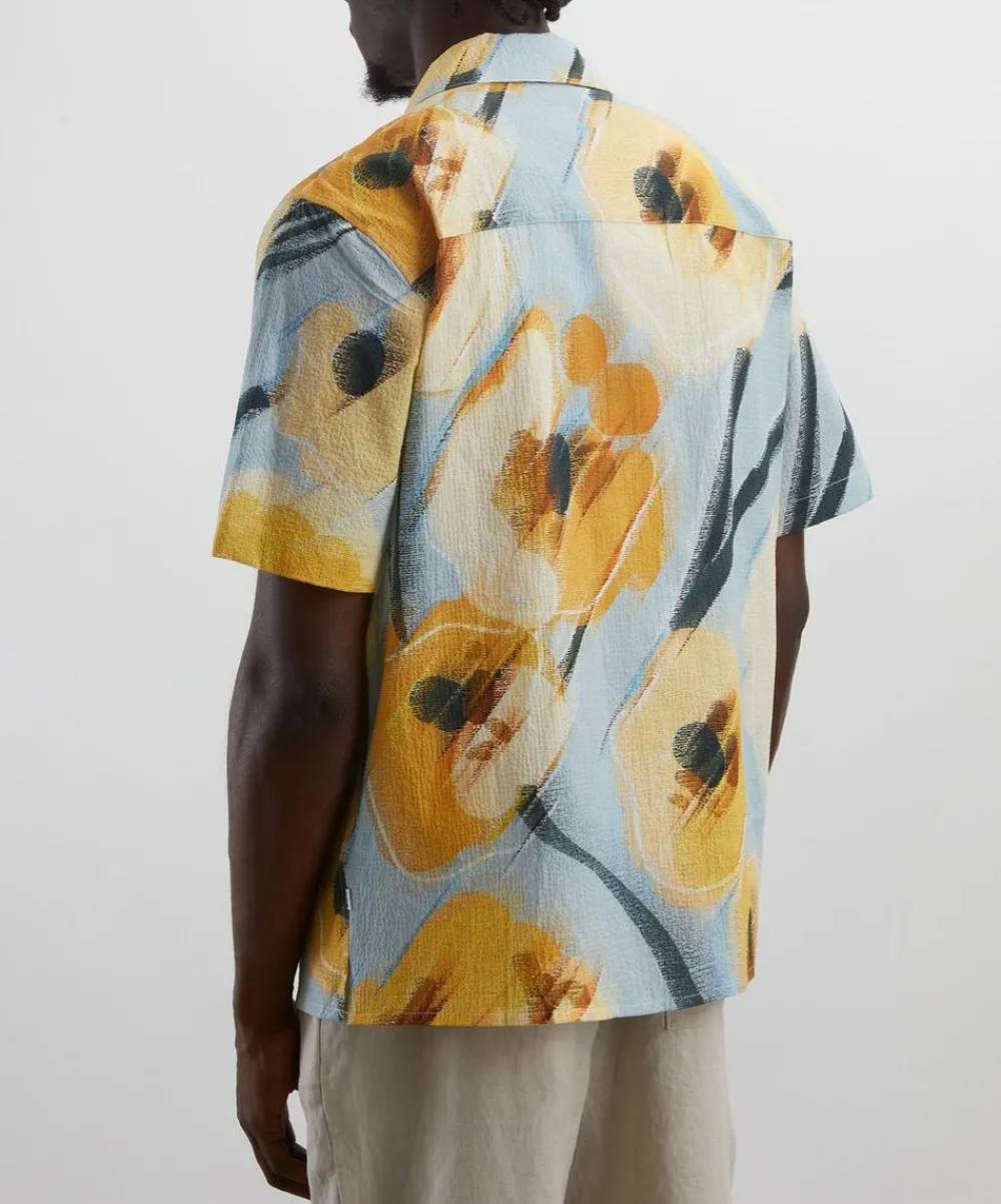 Wax London Shirts^Didcot Blue and Yellow Abstract Poppy Short-Sleeve Shirt