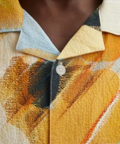 Wax London Shirts^Didcot Blue and Yellow Abstract Poppy Short-Sleeve Shirt