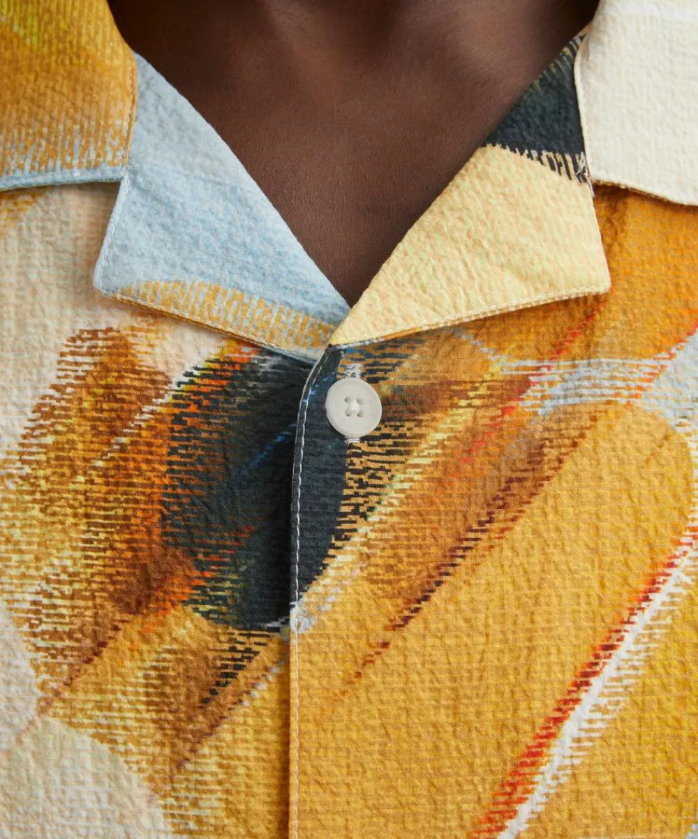 Wax London Shirts^Didcot Blue and Yellow Abstract Poppy Short-Sleeve Shirt