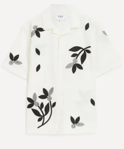 Wax London Shirts^Didcot Ecru-Black Bloom Applique Short-Sleeve Shirt