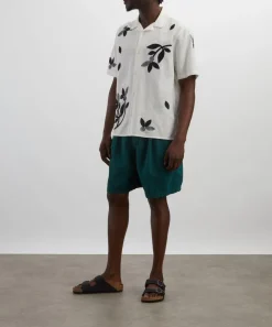 Wax London Shirts^Didcot Ecru-Black Bloom Applique Short-Sleeve Shirt