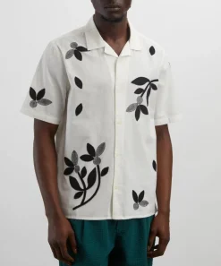 Wax London Shirts^Didcot Ecru-Black Bloom Applique Short-Sleeve Shirt