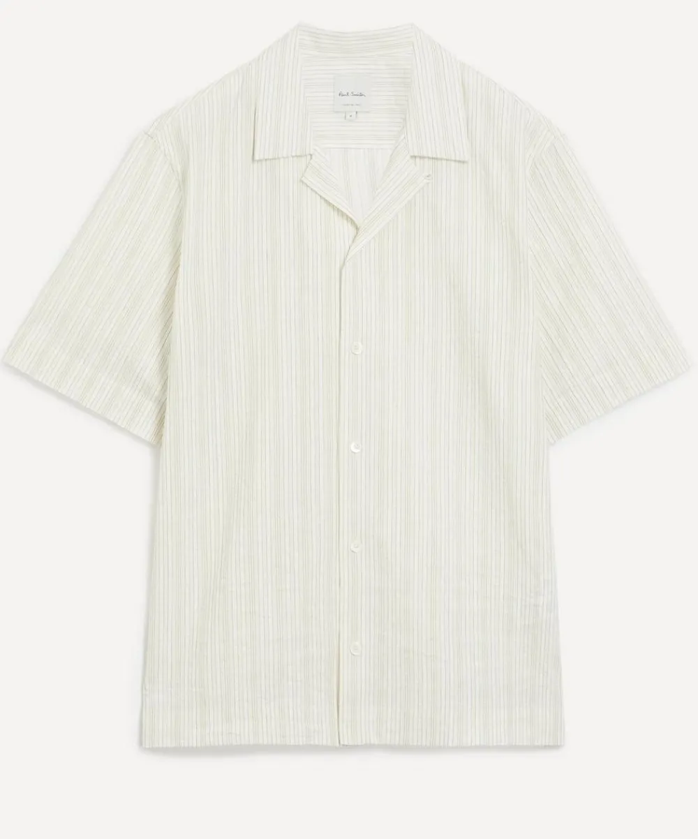 Paul Smith Shirts^Ecru Cotton-Linen Textured Stripe Short-Sleeve Shirt