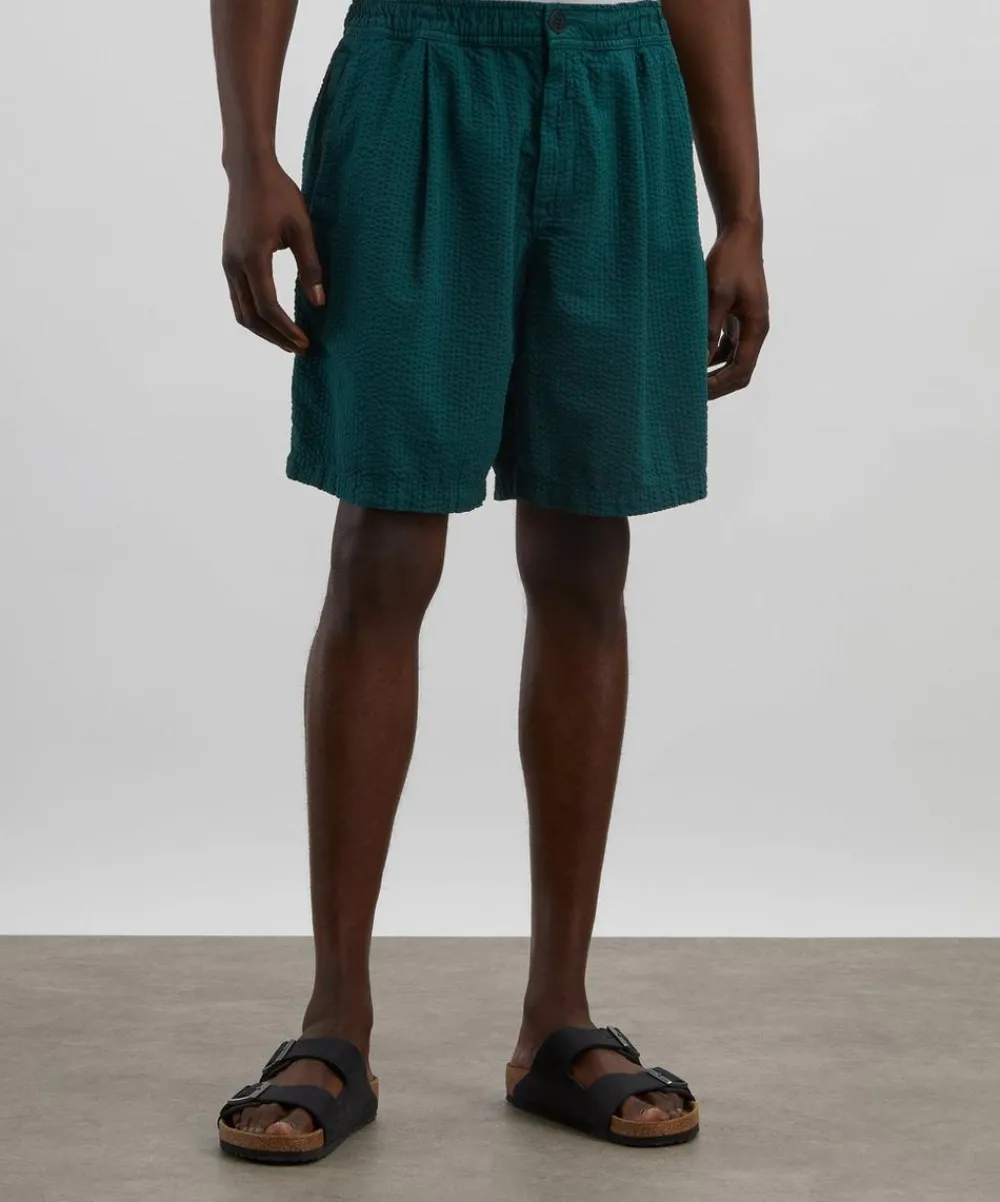 Wax London Shorts^Fuller Forest Green Cotton Seersucker Shorts