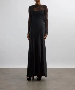Alberta Ferretti Dresses^Glossy Satin and Lace Long Dress