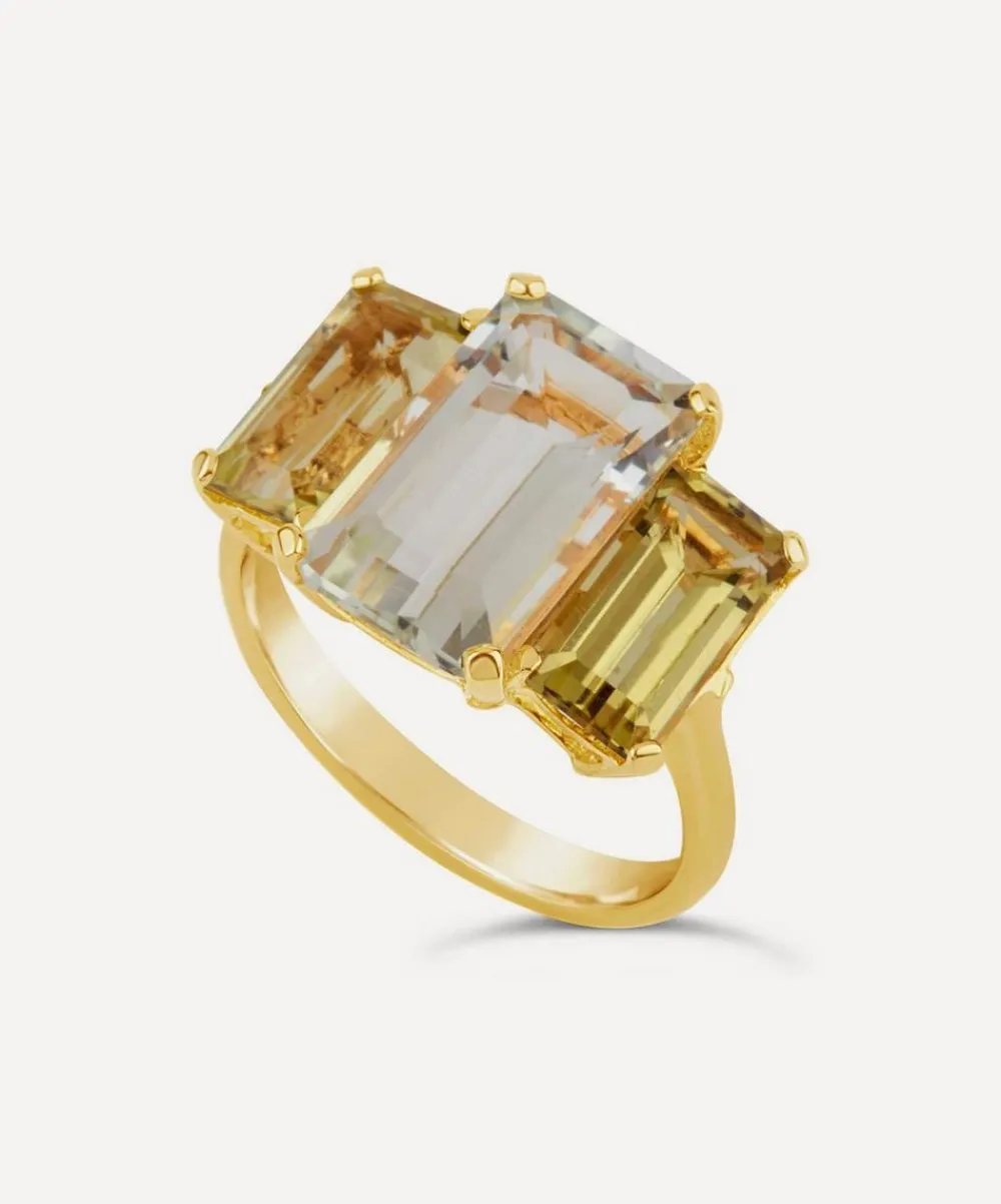 Dinny Hall Rings^Gold Plated Vermeil Silver Trinny Trilogy Green Amethyst and Oro Verde Ring