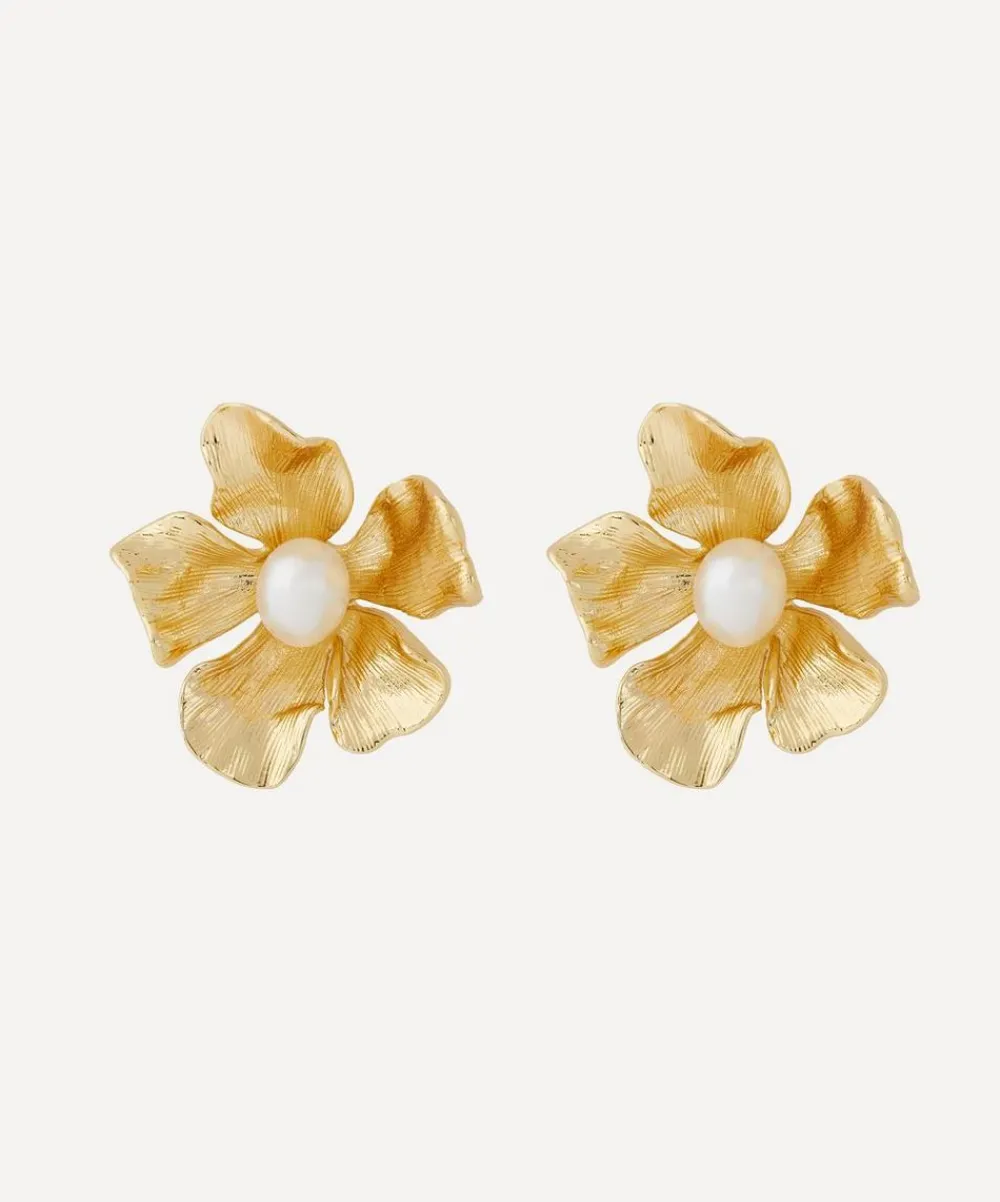 Kenneth Jay Lane Earrings^Gold-Plated Pearl Center Flower Earrings
