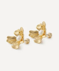 Kenneth Jay Lane Earrings^Gold-Plated Pearl Center Flower Earrings