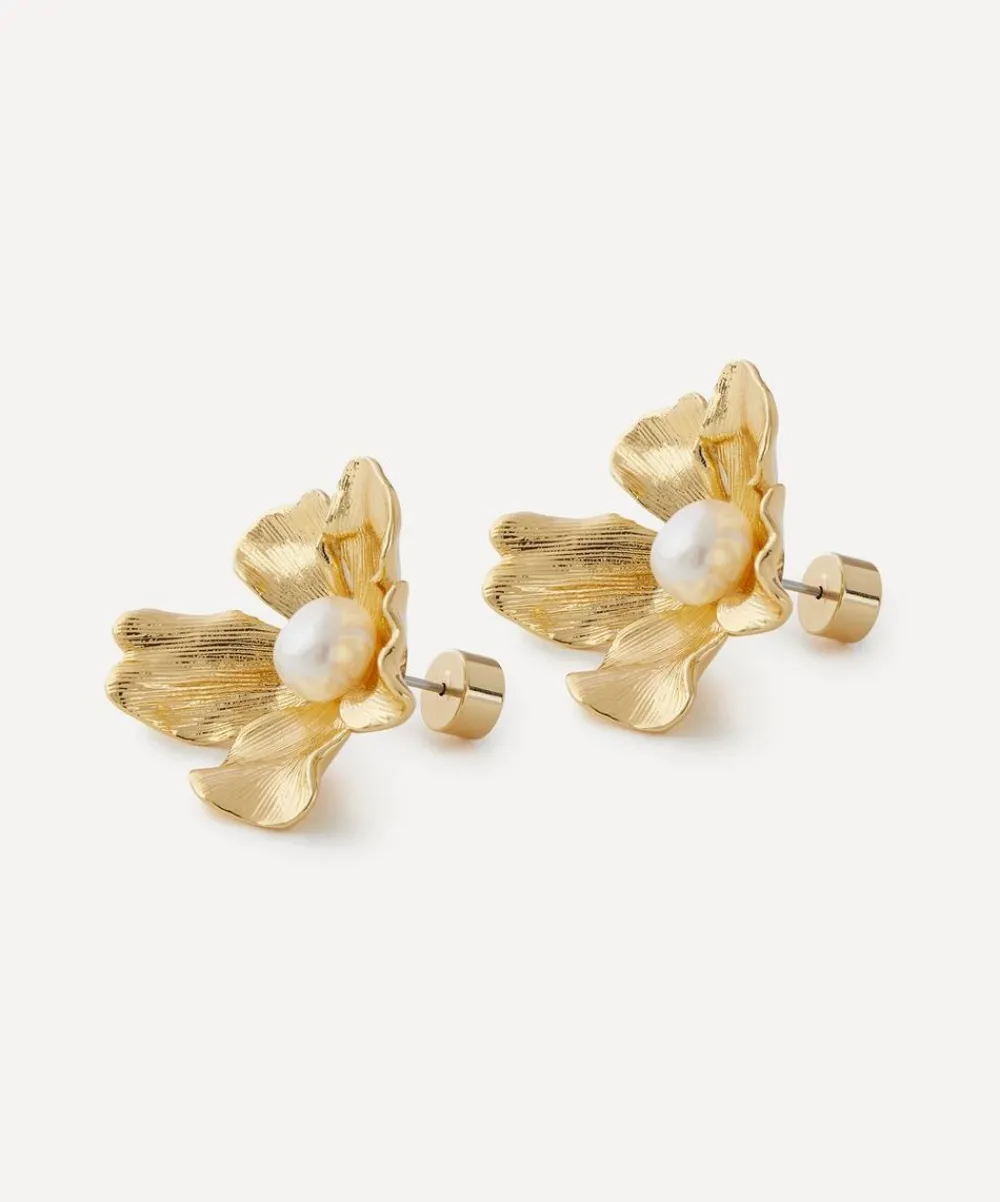Kenneth Jay Lane Earrings^Gold-Plated Pearl Center Flower Earrings