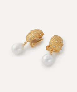 Kenneth Jay Lane Earrings^Gold-Plated Seashell Pearl Drop Clip-On Earrings