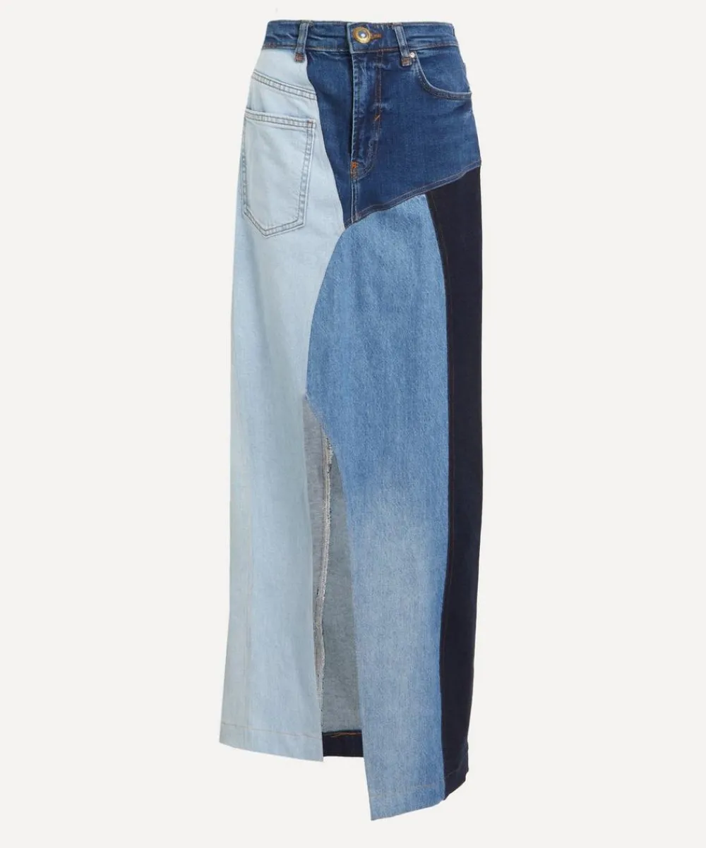 FANFARE Skirts^High Waisted Upcycled Patchwork Denim Long Skirt with Slit