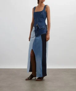 FANFARE Skirts^High Waisted Upcycled Patchwork Denim Long Skirt with Slit