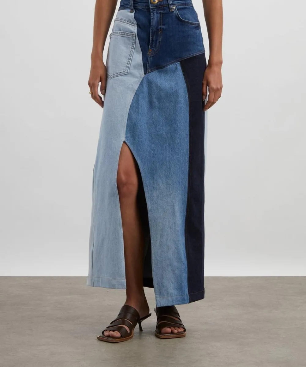FANFARE Skirts^High Waisted Upcycled Patchwork Denim Long Skirt with Slit