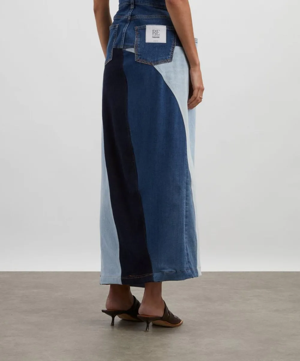FANFARE Skirts^High Waisted Upcycled Patchwork Denim Long Skirt with Slit